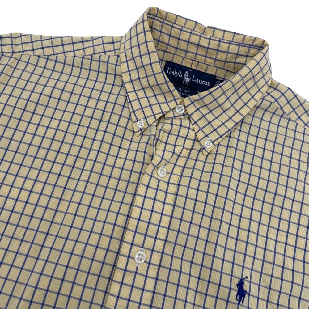 Ralph Lauren Button Down Shirt Mens M Yellow Blue Check Blake Short Sleeve Pony